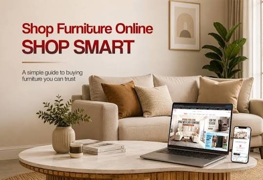Online furniture shopping guide featuring a modern living room with sofa, laptop, and smartphone